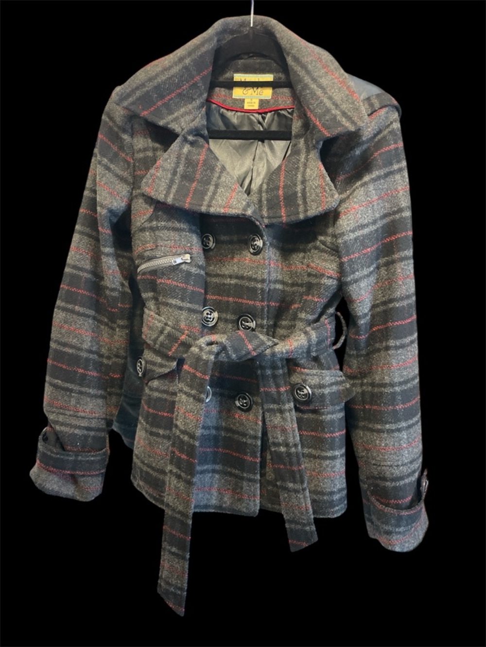 Maralyn & Me Gray Plaid Peacoat with Red Stripe